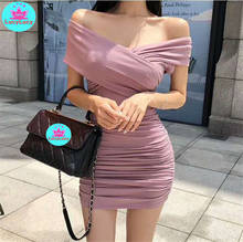 2019 summer Korean sexy women's short-sleeved strapless tight-fitting waist slim sexy hip dress Knee-Length    V-Neck 2024 - buy cheap