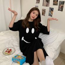 Large Smile Face Print Black Nightgown Women Summer Sleepwear O-Neck Short Sleeve Loose Oversized Homewear Korean Soft 2024 - buy cheap