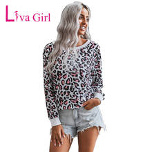 Liva camiseta feminina estampa de leopardo, camiseta de outono mangas longas casuais para mulheres, plus size com gola em o 2024 - compre barato