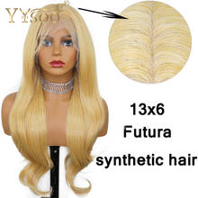 Yysoo longo 613 cor destaques branco onda do corpo futura sintético laço frente wigs13x6 natural linha fina sem cola ombre loira peruca 2024 - compre barato