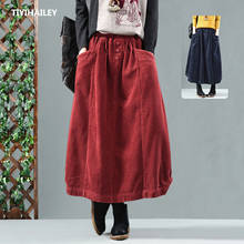 TIYIHAILEY Free Shipping Long Maxi Women Elastic Waist Spring Autumn Cotton Corduroy Casual Skirts A-Line Pockets Red Brown 2024 - buy cheap