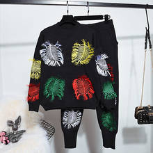 Female Set 2022 Autumn Winter Black Knitting Suit Tassel Embroidery Loose Knitted Sweater Long Pencil Pants Women Two Piece Set 2024 - buy cheap