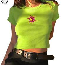 Women Short/Long Sleeve Navel Crop Top Tai Chi Sun Embroidery Ribbed Knit T-Shirt Fluorescent O-Neck Slim Fit Streetwear 2024 - buy cheap