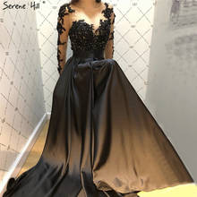 Vestido de noche de satén negro con cuello redondo, manga larga, hecho a mano, flores de cristal, Formal, Serene Hill, DLA70441, 2020 2024 - compra barato