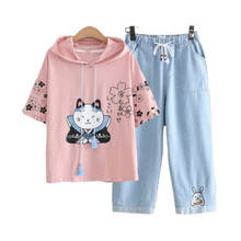 Women Two Piece Set Cartoon Cat Print Harakuju T Shirt And Elastic Waist Embroidery Ankle Length Denim Pants Sweet Summer Sets 2024 - buy cheap