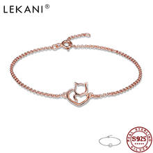 LEKANI 100% 925 Sterling Silver Cat And Heart Link Chain Bracelets  For Women Authentic Wedding Female Jewelry Gift New Arrival 2024 - buy cheap