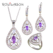 Rolilason conjunto de brinco/colar/pingente/anéis estampados em prata roxo com zircônio, joia de moda js684 2024 - compre barato