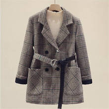 Plaid Wool Blends Coat Women's 2020 New Autumn Winter Vintage Double Breasted Woolen Jacket With Belt Outerwear Female 2024 - buy cheap