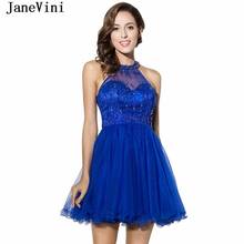 JaneVini-Vestidos cortos de tul azul real para mujer, vestidos sexys de regreso A casa con cuello Halter, sin mangas, vestidos de graduación con corte A, 2019 2024 - compra barato