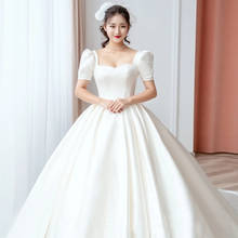 Новое атласное свадебное платье, простое корейское свадебное платье с рукавами-фонариками и квадратным вырезом, украшенное бусинами, 2021 2024 - купить недорого