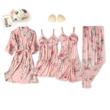 Printed 5/4/3/2/1 Piece Pajamas Set Sexy Lace Trim Stain Women Homewear Faux Silk Gown Spring Robe Sleepwear With Chest Pads 2024 - buy cheap
