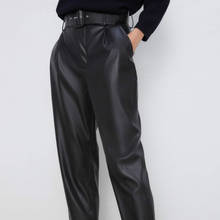 2021 Elegant All-match Streetwear Women High Waisted Loose Faux Leather Trousers with Pocket Belt Vintage PU Leather Harem Pants 2024 - buy cheap