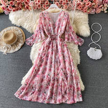 Vestido Midi bohemio con estampado Floral para mujer, traje elegante de gasa con cordón, a la moda para vacaciones de verano, 2021 2024 - compra barato