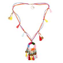 Cadena de cuerda multicapa para mujer, collar con colgante de moneda con borla gruesa de cuentas coloridas, collar étnico bohemio largo florado 2024 - compra barato