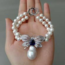 YYGEM White Cultured freshwater Pearl  keshi pearl Czmicro pave butterfly Connector Bracelet 8" wedding for women 2024 - buy cheap