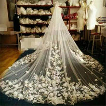 Дизайнерская Соборная свадебная фата с кружевным краем, 3D цветы, аппликация, однослойная Фата для невесты, длина плеч, фата для невесты 2024 - купить недорого