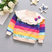 Moletom listrado de arco-íris com laço, blusa de algodão para meninas, casual, plissado, novo, 2020 2024 - compre barato