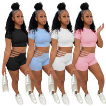 Women Summer Fashion Two Piece Tracksuits Solid Short Sleeve O Neck T Shirts And Sexy Waist Cut Out Shorts Casual Sports Jogger 2024 - buy cheap