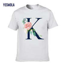 Camiseta con estampado de letras de flores para mujer, camiseta de manga corta personalizada de verano, Camiseta de algodón artesanal de alta calidad, Fuente "K" 2024 - compra barato