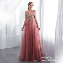 EZKUNTZA 2022 New Pink Sexy Deep V Neck Sleeveless Long Evening Dress Luxury Diamonds Shining Lace Up Party Gown Robe De Soiree 2024 - buy cheap