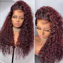 Dark Red Color Curly Wigs Red Highlight Lace Frontal Wigs Brazilian Lace Front Human Hair Wigs 99J Colored Ombre 180% for Women 2024 - buy cheap