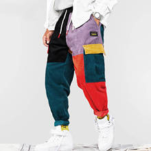 Calça de moletom masculina, "hip hop streetwear calça harajuku calças de algodão patchwork cargo calças para homens harém calças de corrida streetwear 2021 2024 - compre barato