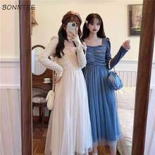 Women Long Sleeve Dress Chic Mesh Beading French Temperament Ladies Patchwork Pleated Over Knees Dresses Fashion Autumn Elegant 2024 - buy cheap