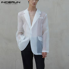 Fashion Men Mesh Blazers Transparent Lapel Long Sleeve Sexy Casual Coats 2021 One Button Streetwear Party Men Suit S-5XL INCERUN 2024 - buy cheap