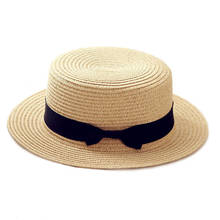 Chapéu de praia feminino, chapéu casual simples de verão para pais e filhos, chapéu de palha com laço, chapéu de marca panamá para mulheres 2024 - compre barato