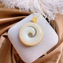 New silver inlaid natural Hetian white jade Round Pendant Necklace with unique ancient gold light luxury charm women's jewelry 2024 - buy cheap