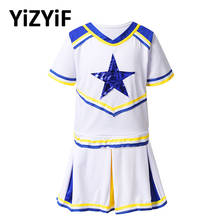 Fantasia de líder de torcida, roupa de dança para a animação de torcida, uniforme de mangas curtas com apliques de estrelas, conjunto de saia plissada 2024 - compre barato