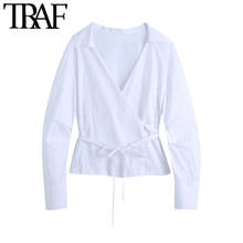 TRAF Women Fashion With Tied Crossover White Blouses Vintage Long Pleated Sleeve Female Shirts Blusas Chic Tops 2024 - buy cheap