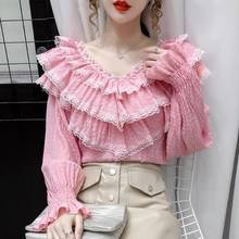 Bella Philosophy Wonder Spring Fall Korean Style Blouse Sexy Beading Patchwork Lace Ruffles Tops Ropa Mujer Flare Sleeve Shirts 2024 - buy cheap