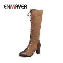 ENMAYER New Fashion 2020 women solid round toe cross-tied  lace up knee high boots lady square heel high heel boots 2024 - buy cheap