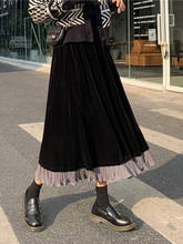 WERUERUYU Pleated Velvet Skirt Women Black Green Gothic Style Elegant Long Warm High Waist Midi 2024 - buy cheap