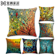 Oil Painting Pillowcase Bird Forest Cotton Linen Pillow Case Cushion   Cover Home Bed Sofa Car Decor Pillow Covers 45*45cm 2024 - buy cheap