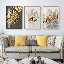 Pintura em tela de penas brancas e pretas, pintura abstrata dourada, folha, flor, poster da impressão, imagens de arte de parede para sala de estar, decoração de parede 2024 - compre barato