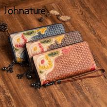 Johnature-billeteras Retro de cuero genuino para mujer, carteras hechas a mano en relieve, tarjetero, cuero vacuno suave, para teléfono 2024 - compra barato