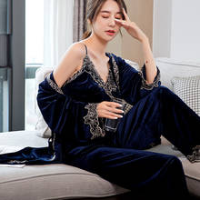 Mulheres sexy rendas guarnição veludo roupão sling calças de veludo 3 peças pijamas define pijamas inverno outono pijama com almofada no peito 2024 - compre barato