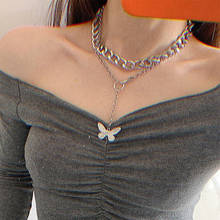 Double layer Chain necklace grunge punk 90s link chain silver color butterfly pendant necklace women Vintage aesthetic jewelry 2024 - buy cheap