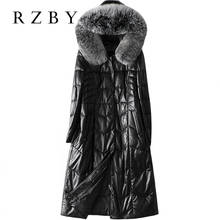 Пальто RZBY длинное женское из 100% натуральной овечьей кожи, 2020 пуховик, женский меховой воротник из натурального Лисьего меха, с капюшоном 2024 - купить недорого