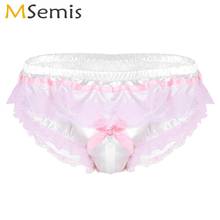 Men Wetlook Satin Underwear Sexy Homme Sissy Panties Cute Pink Ruffled Floral Lace Briefs Gay Zipper Open Crotch Bikini Knickers 2024 - buy cheap