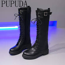 PUPUDA-Botas hasta la rodilla de cuero para mujer, zapatos informales con plataforma, estilo vaquero, a la moda, invierno, 2020 2024 - compra barato