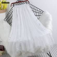 Saia de tule feminina assimétrica florantu, nova saia de malha com lantejoulas assimétrica, moda coreana, cintura alta, saia de tule para mulheres 2021 2024 - compre barato