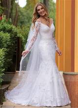 Stunning Tulle V-neck Spaghetti Straps Mermaid Wedding Dresses With Lace Appliques & Beadings Long Sleeves Bridal Dress 2024 - buy cheap