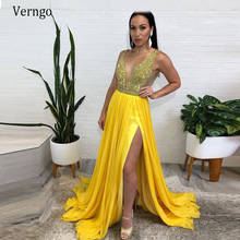 Verngo 2020 Long Gold Shiny Prom Dresses Long Side Slit V Neck Sexy Party Gowns Custom Made Evening Dresses Plus Size 2024 - buy cheap