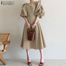 Elegant Puff Sleeve Dress Women's Summer Sundress 2021 ZANZEA Casual V neck Midi Vestidos Female Solid Holiday Robe  2024 - buy cheap