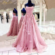 Pink Prom Dresses 2021 A line Long Tulle Gown Flowers Evening Dress Floral Girl Formal Gown Pleat Spaghetti Straps Gown Beaded 2024 - buy cheap