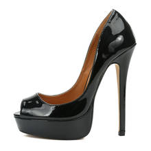 Zapatos de tacón alto de charol para mujer, tacones clásicos de 16cm y 48 cm, a la moda, con punta abierta, color rojo y negro, para boda 2024 - compra barato