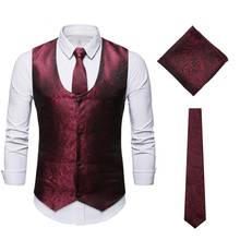 Men's Formal 3pcs Set Paisley Floral Jacquard Vest Necktie and Pocket Square Vest Suit Set Party Prom Tuxedo Waistcoat for Men 2024 - buy cheap